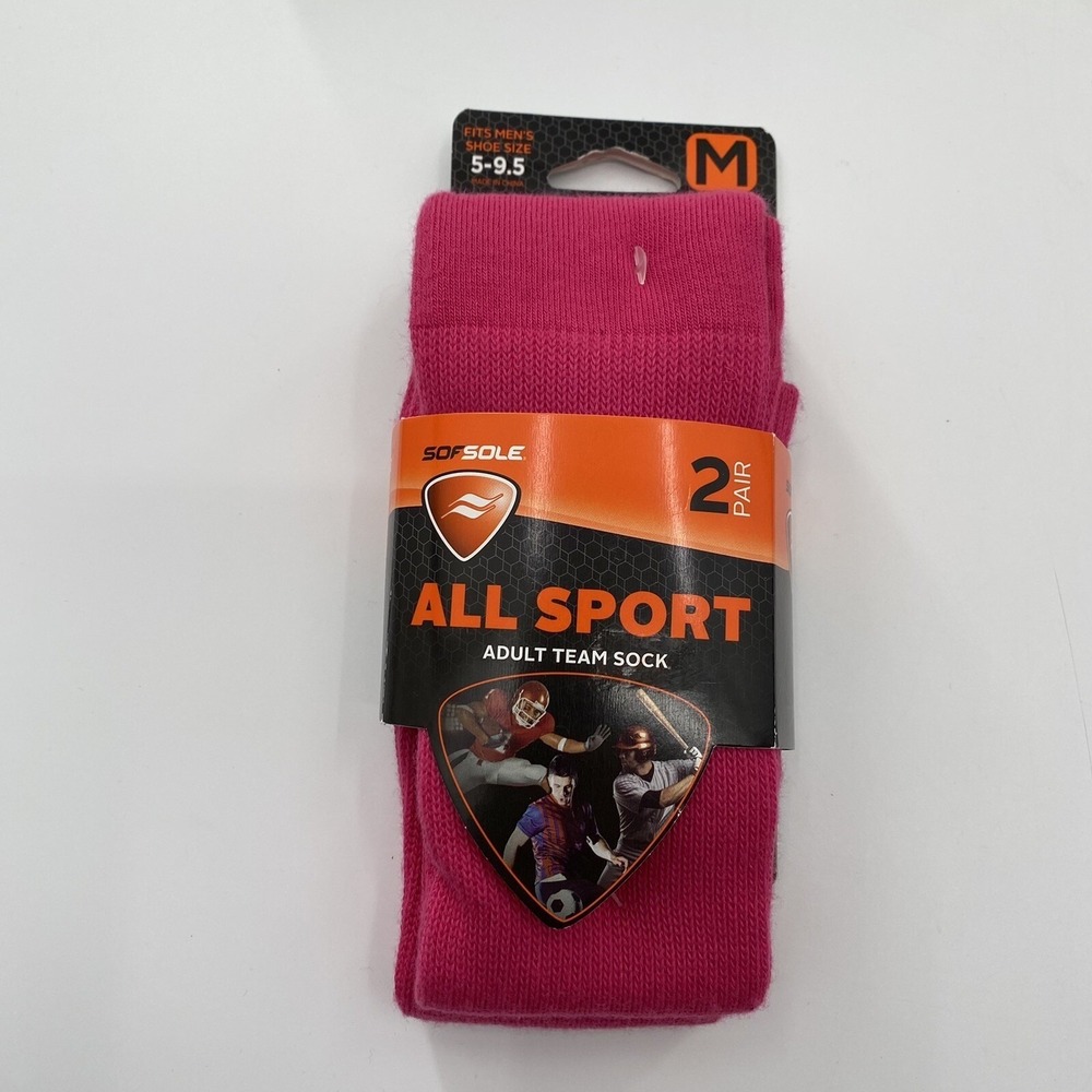 Sof Sole All Sport Men Performance Crew Socks Pink 2 Pair Pack Size M 5-9.5